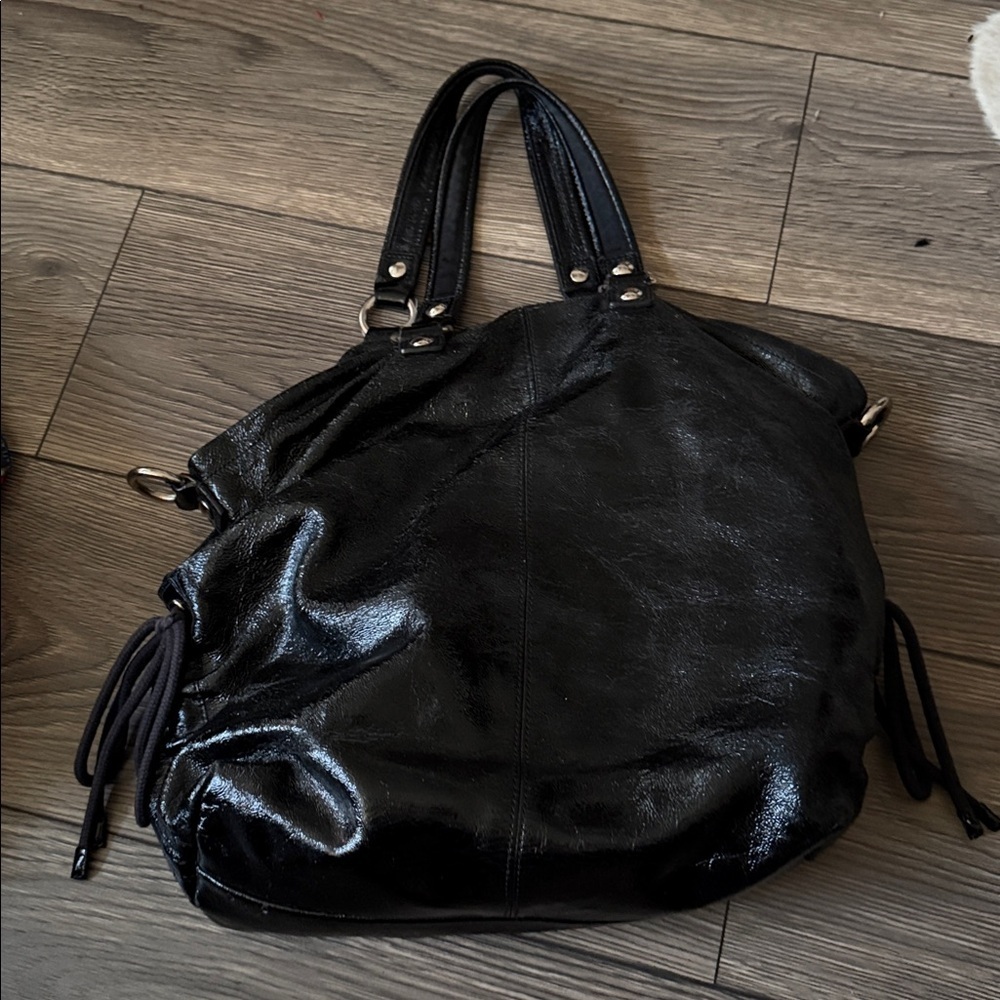 AUTH COACH POPPY GLOSSY CRINKLE PATENT LEATHER SATCHEL BAG PURSE 13869 BLACK - Picture 9 of 11